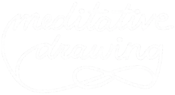 Logo with the words 'meditative drawing' in a cursive white font on a dark background, featuring an infinity loop design