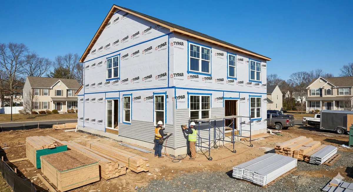 House wrap installed on a residential home with workers beginning siding installation over the wrap