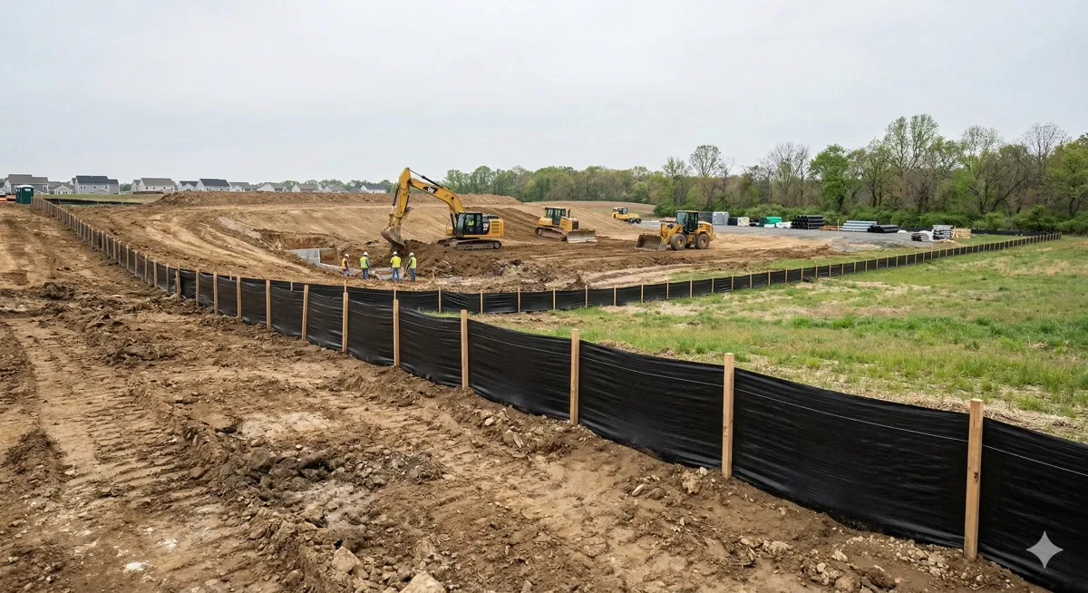 Silt fence installed along the perimeter of a construction site for erosion control