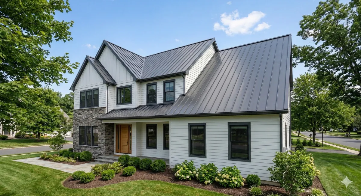 Residential home with a standing seam metal roof installed over quality synthetic underlayment