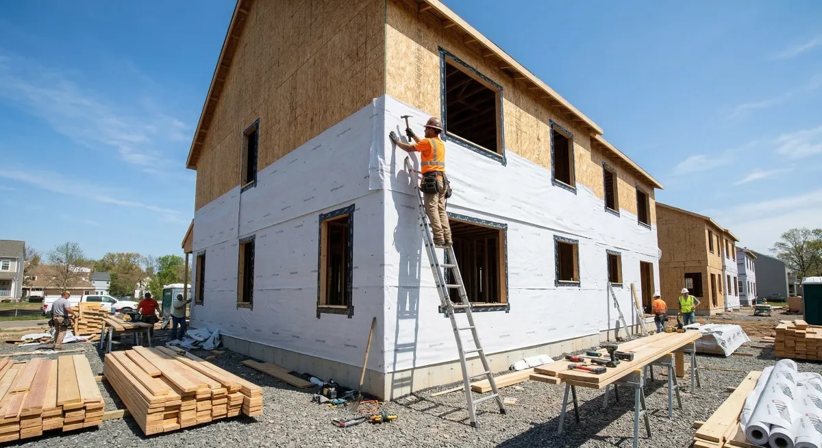 Construction worker installing house wrap on the exterior of a residential home under construction