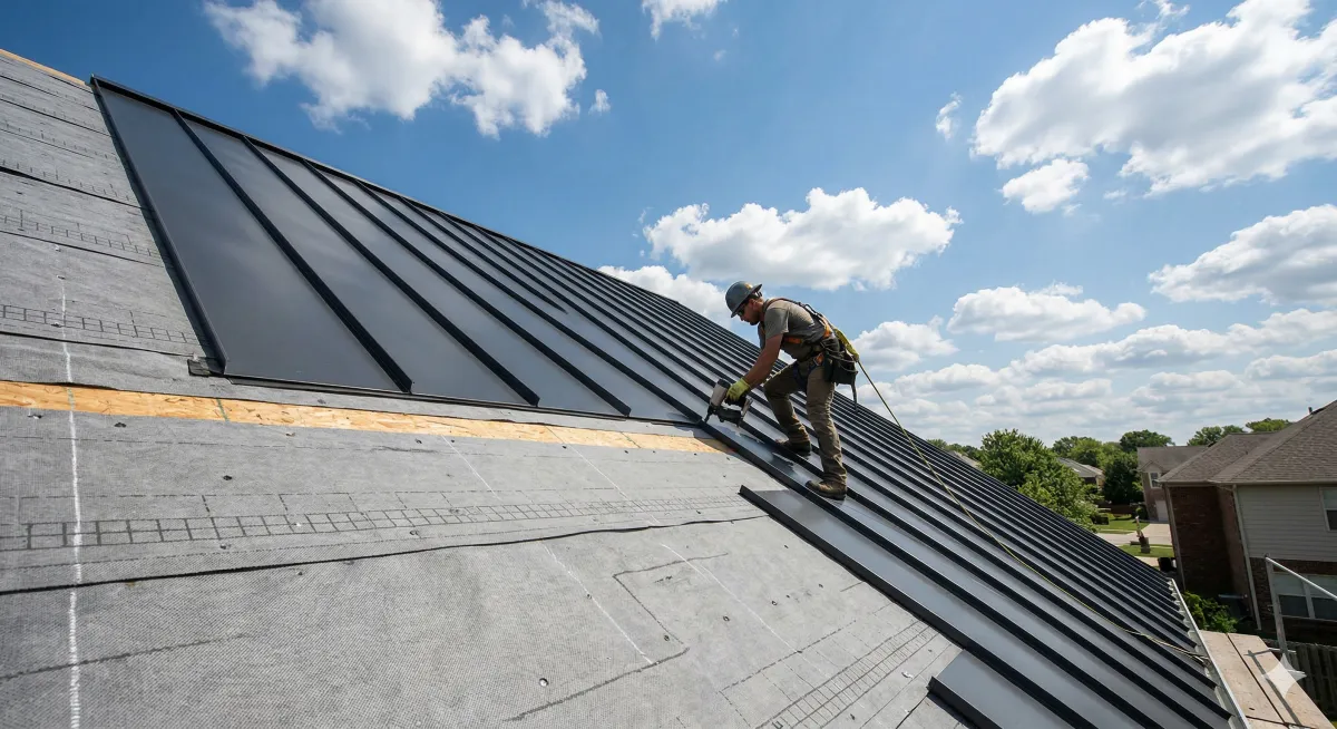 Metal roof installation showing synthetic underlayment on the lower deck and standing seam panels installed above