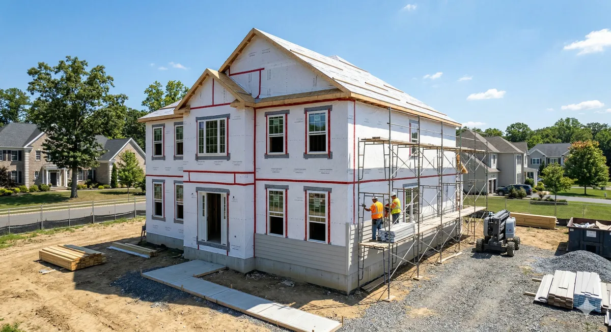 Two story home under construction with weather resistant barrier installed on all exterior walls before siding