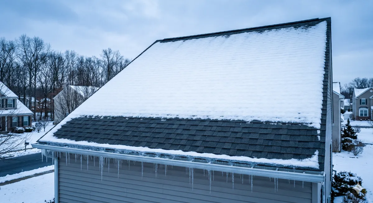 Residential roof in winter protected by ice and water shield with no ice dam damage at the eaves