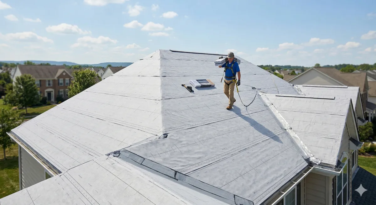 Residential roof fully covered with synthetic roofing underlayment before shingle installation