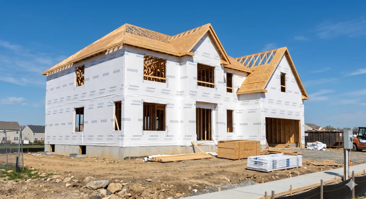 Residential home under construction with house wrap installed on exterior walls before siding