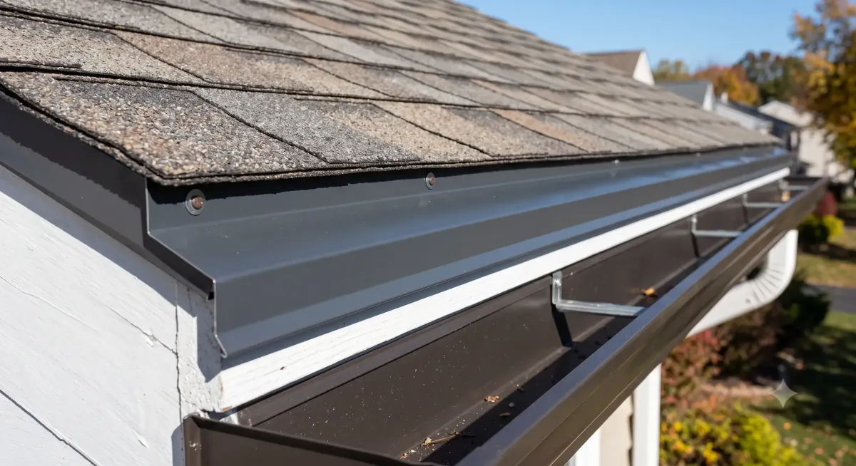 Metal drip edge installed along the eave of a roof above a gutter