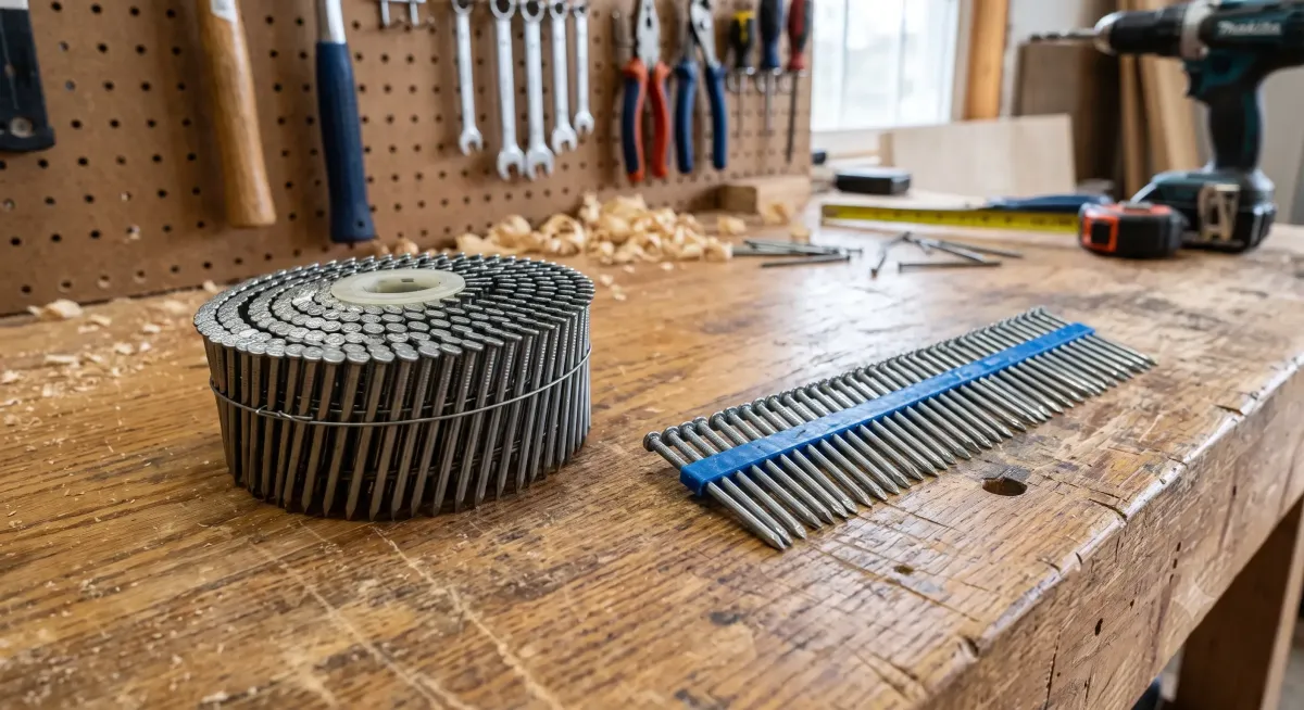 A coil of nails next to a strip of nails side by side
