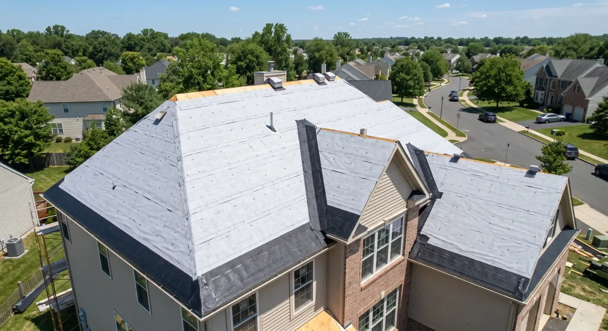 Roof deck with ice and water shield at eaves and synthetic underlayment on the field