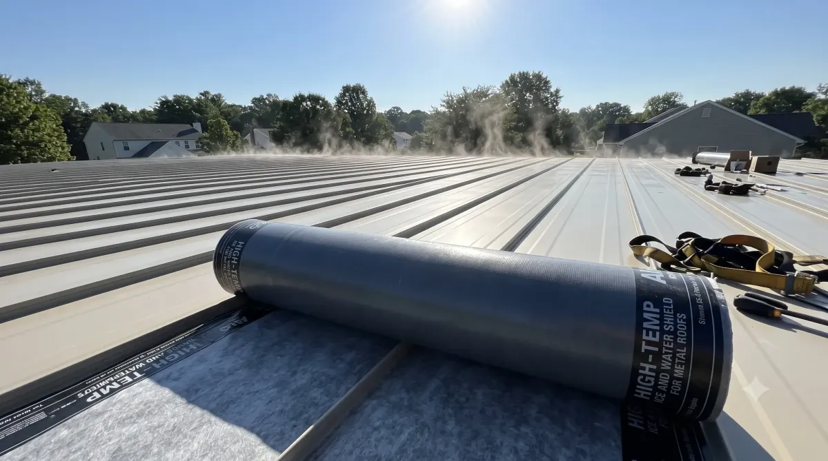 High-temp ice and water shield roll in front of a metal roof