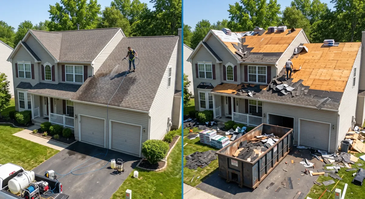 Roof rejuvenation on one side and full replacement on the other