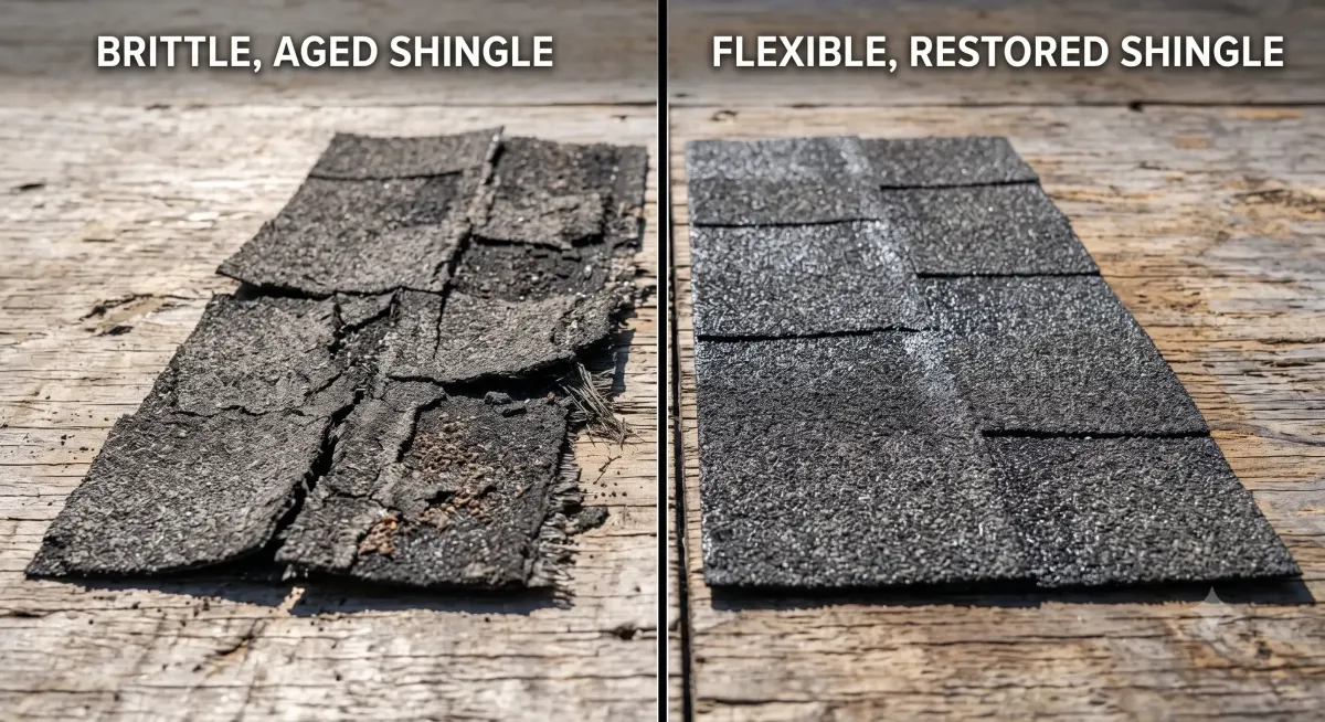 Brittle aged shingle compared with a restored flexible shingle