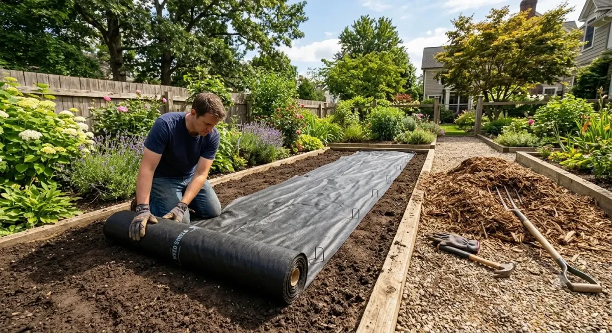 Landscape fabric being installed in a garden bed