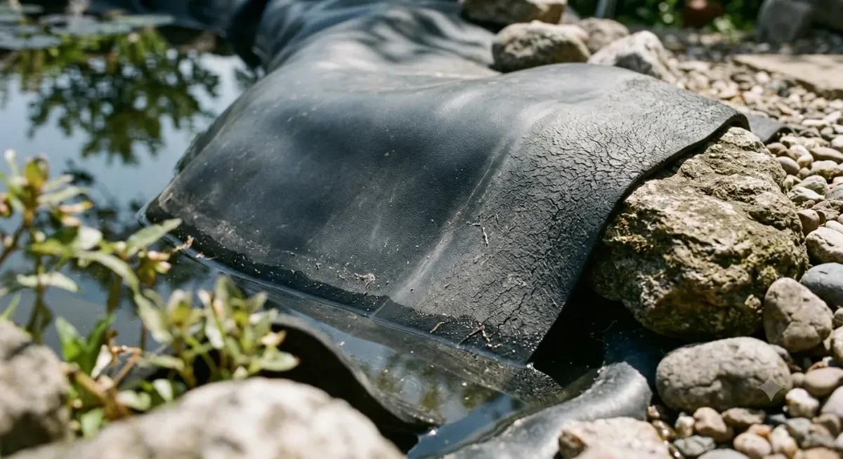 Pond liner edge exposed to sun