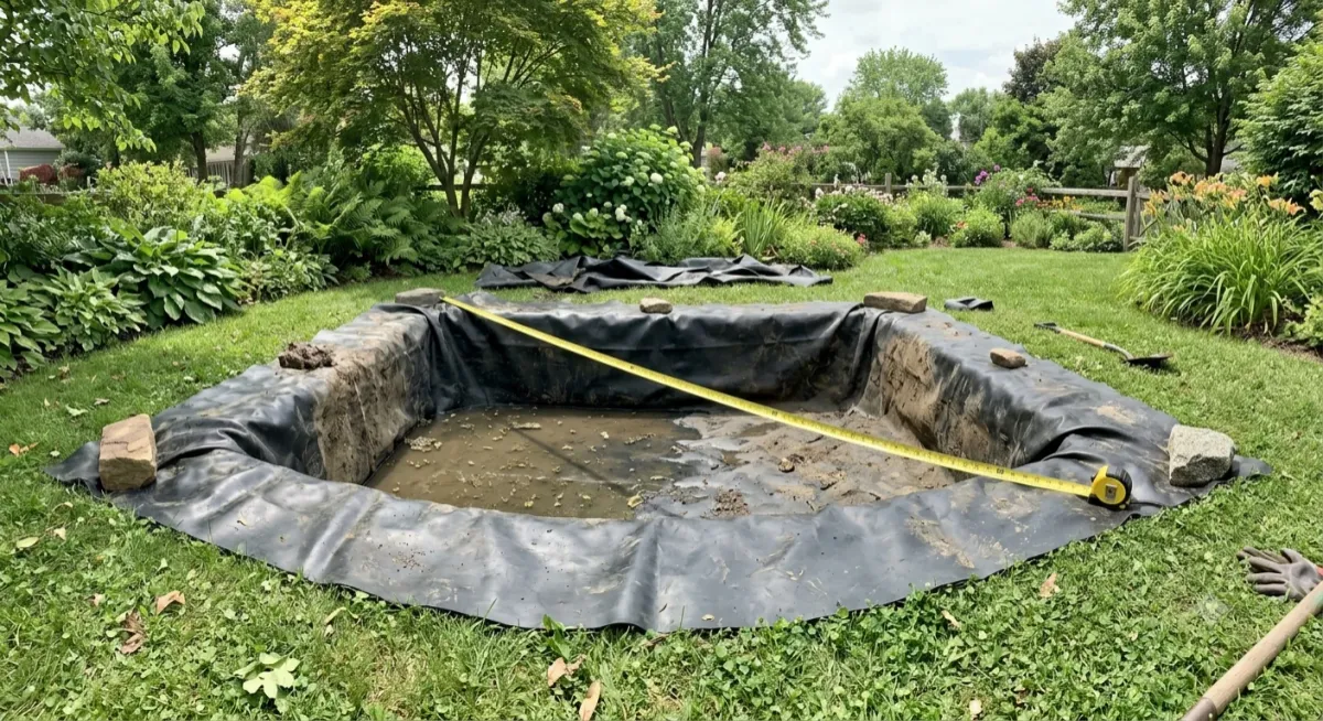 liner laid in a backyard pond