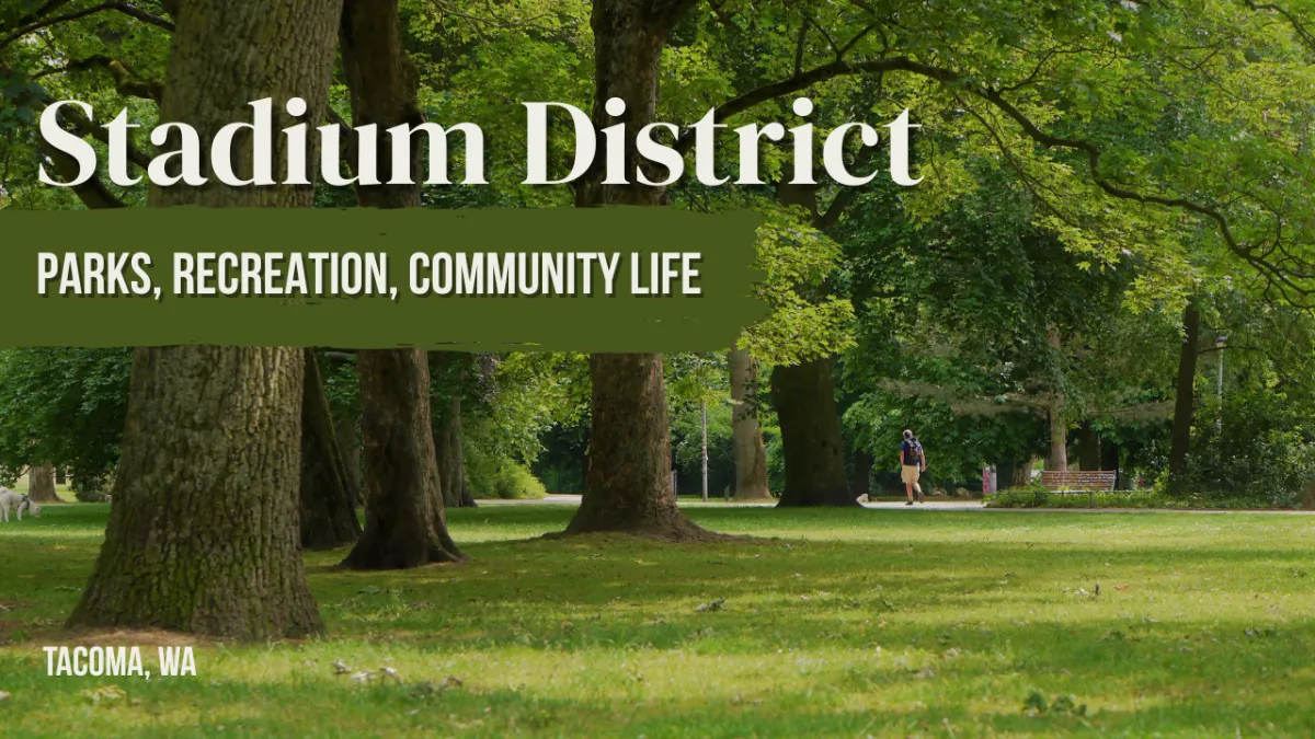 "Stadium District: Parks, Recreation, Community Life" overlaid on a photo of Wright Park