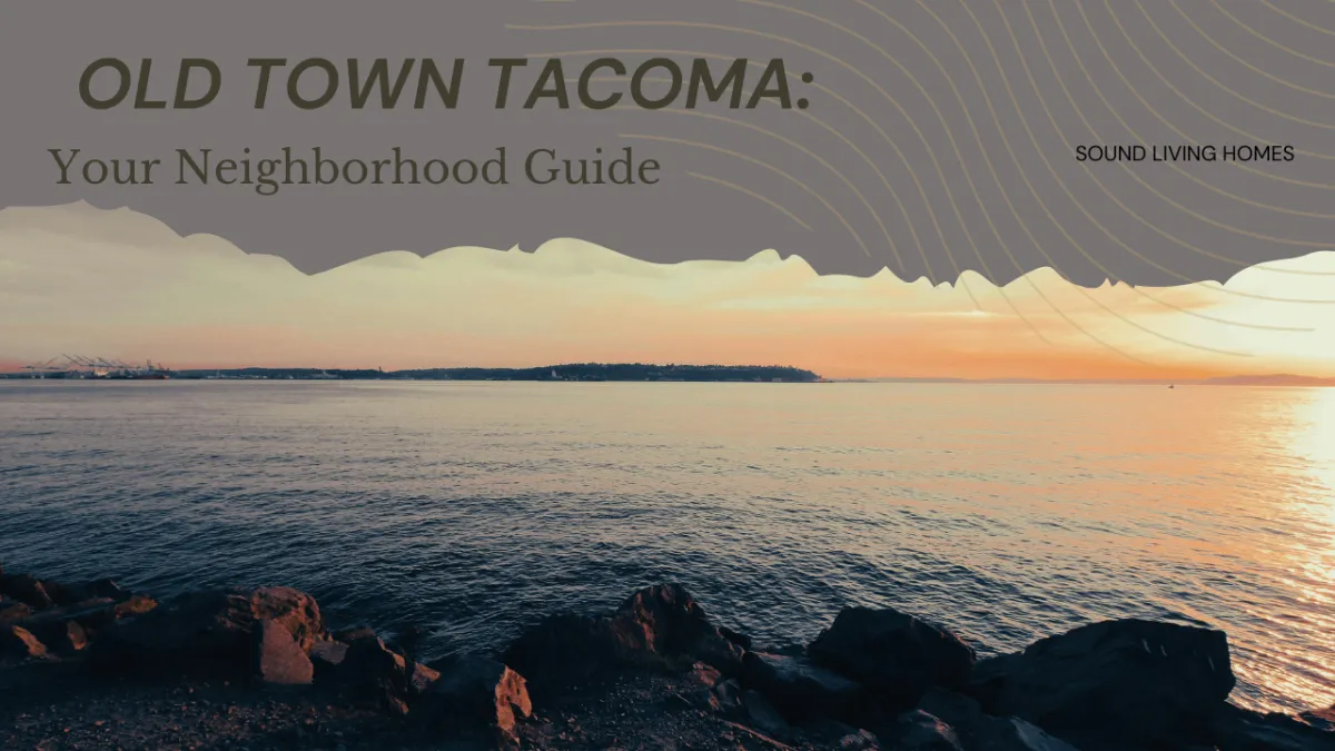 "Old Town Tacoma: Your Neighborhood Guide" Overlaid on a sunset photo of the Puget Sound.