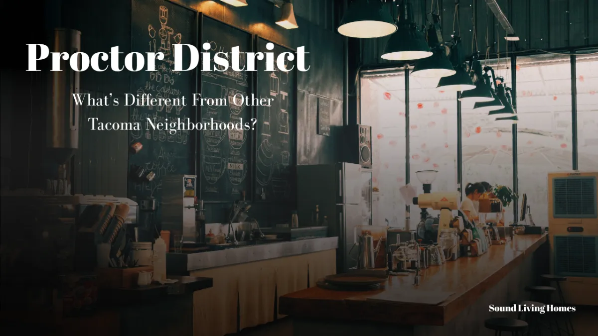 "Proctor District, What is Different From Other Tacoma Neighborhoods" overlaid on a coffee shop photo