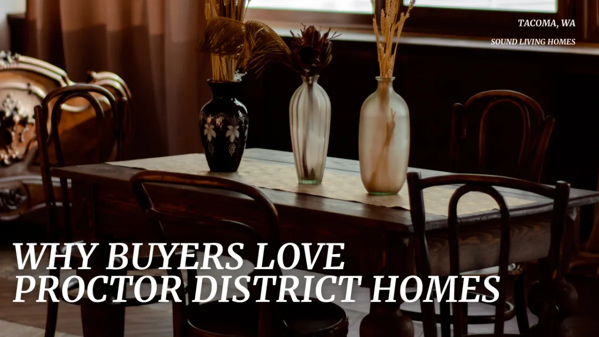 "Why Buyers Love Proctor District Homes" Overlaid on a cozy display in a coffee shop 