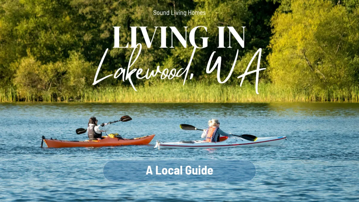 "Living In Lakewood, WA: A Local Guide" over a photo of two people kayaking on a lake.