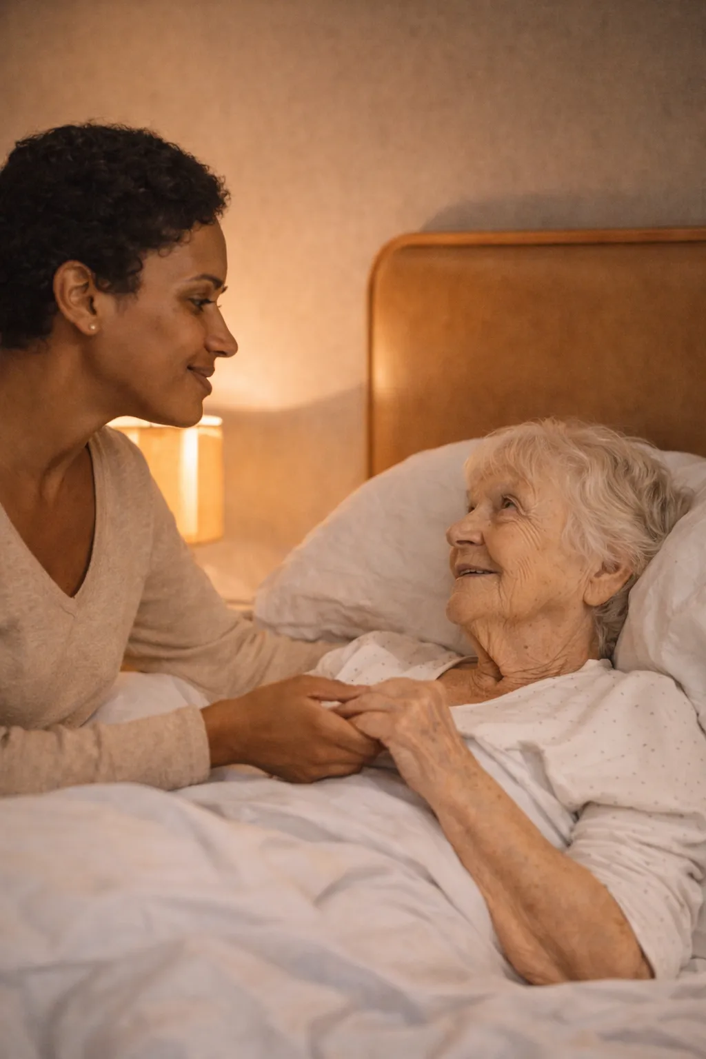 Two elderly women holding hands with a younger woman