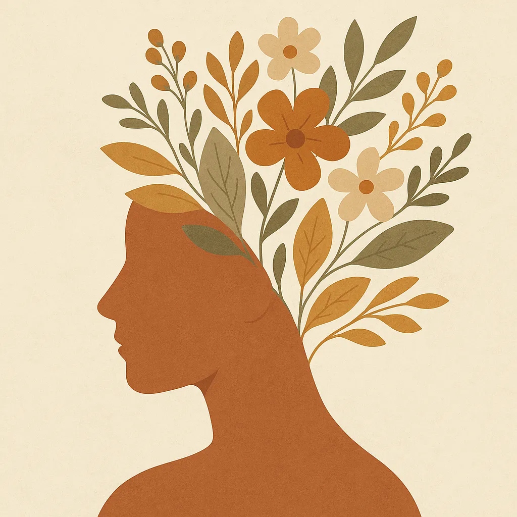 A woman's side profile with flowers growing from within her head represents the inner growth that occurs through implementing Somatic Therapy Principles such as Brainspotting Therapy. Available in Phoenix, Arizona Scottsdale, Arizona, and beyond.