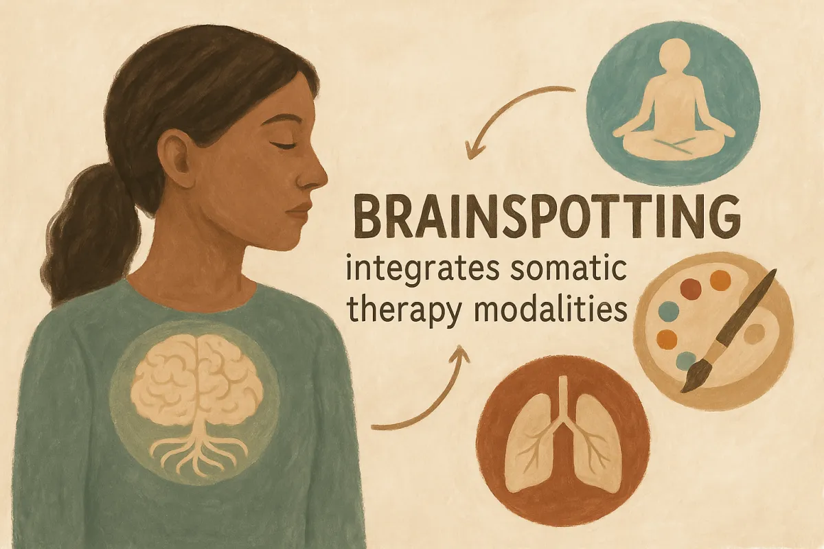 A woman stands with her eyes closed with a graphic of a brain on her chest representing how Brainspotting Therapy in Phoenix, Arizona, integrates into Somatic Therapy. Also available in Scottsdale Arizona.