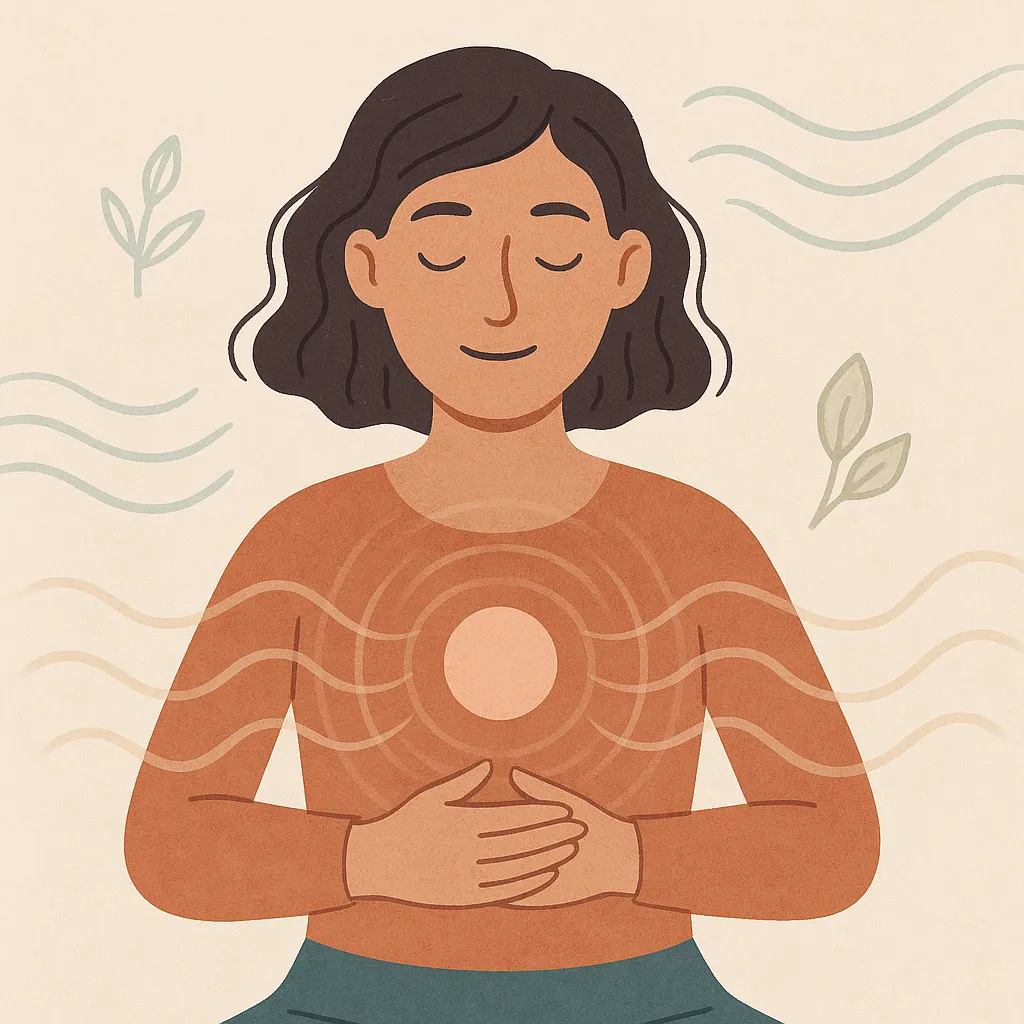 An illustration of a woman with her hands clasped over her stomach with her yes closed as peace radiates from her represents finding inner peace though Brainspotting Therapy in Phoenix, Arizona, Scottsdale Arizona, and beyond.