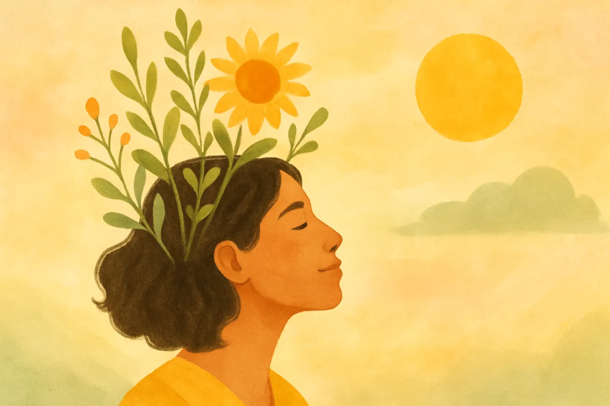 Illustration of a woman with her fae turned up towards the sun with flowers in her hair represents the hope and peace that can be found through Brainspotting Therapy in Phoenix, AZ. Also available in Scottsdale Arizona.