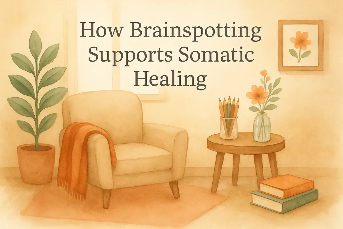 An illustratio of a Somatic Therapy office in Phoenix, AZ, with a large overstuffed chair, a side table, and a cozy blanket. Available to empower you in Phoenix, Arizona Scottsdale, Arizona, and beyond.