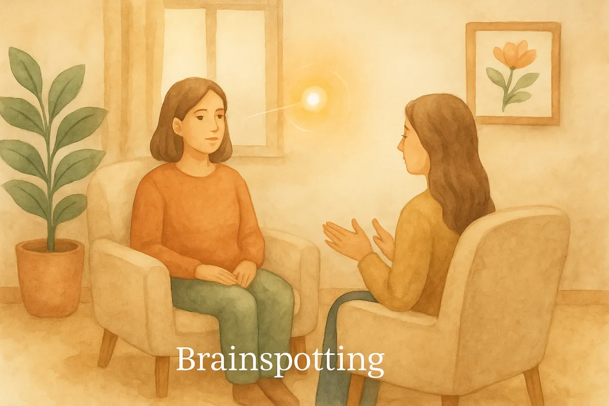 A Brainspotting therapist supports a client in identifying a brainspot for trauma resolution during Brainspotting Therapy in Phoenix; a somatic therapy technique using eye position to unlock emotional healing.