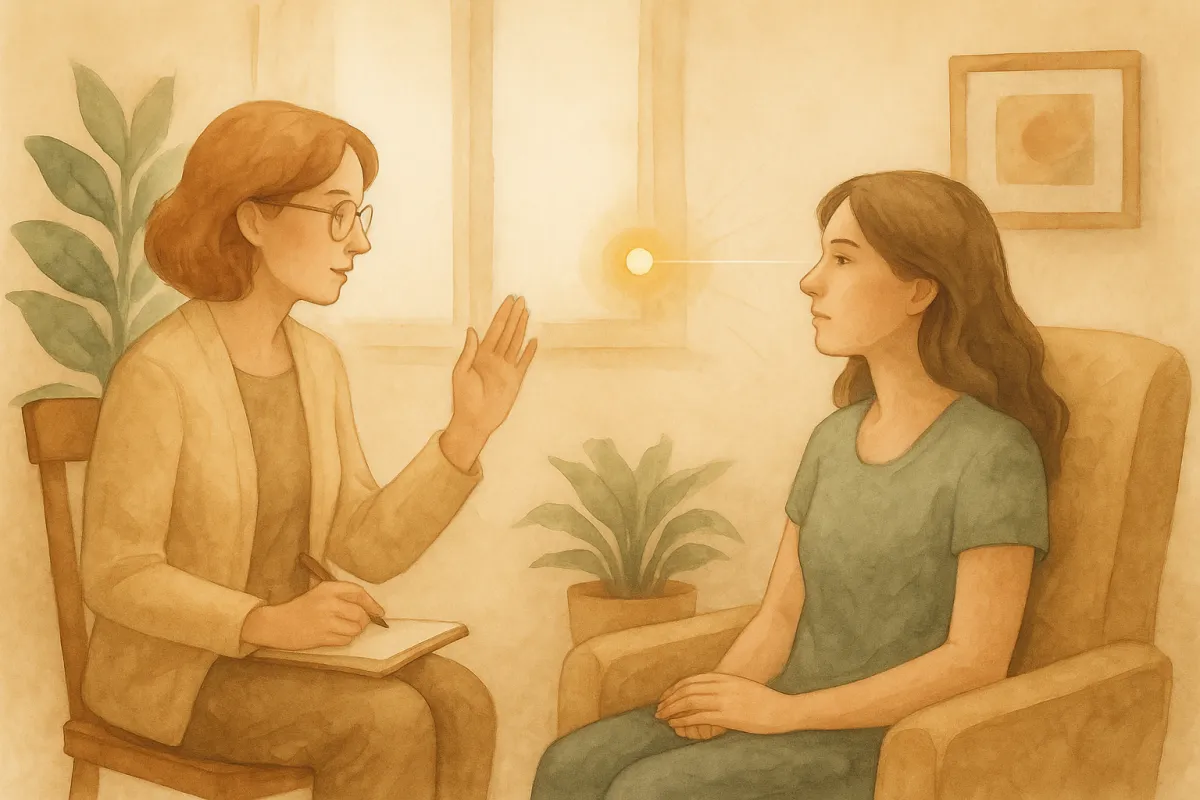 A Brainspotting therapist guides a client in a calm therapy room, with the client focusing on a glowing spot to access deeper emotional processing; a serene environment for Brainspotting Therapy in Phoenix and Somatic Therapy.