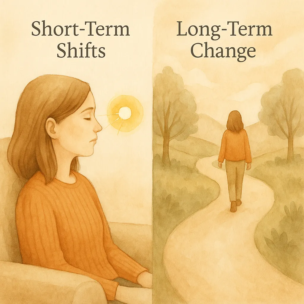 Split image showing a woman in brainspotting therapy with a focused gaze on a target (left) and walking a peaceful path in nature (right); representing how brainspotting works to create short-term shifts and long-term change through the mind-body connection.