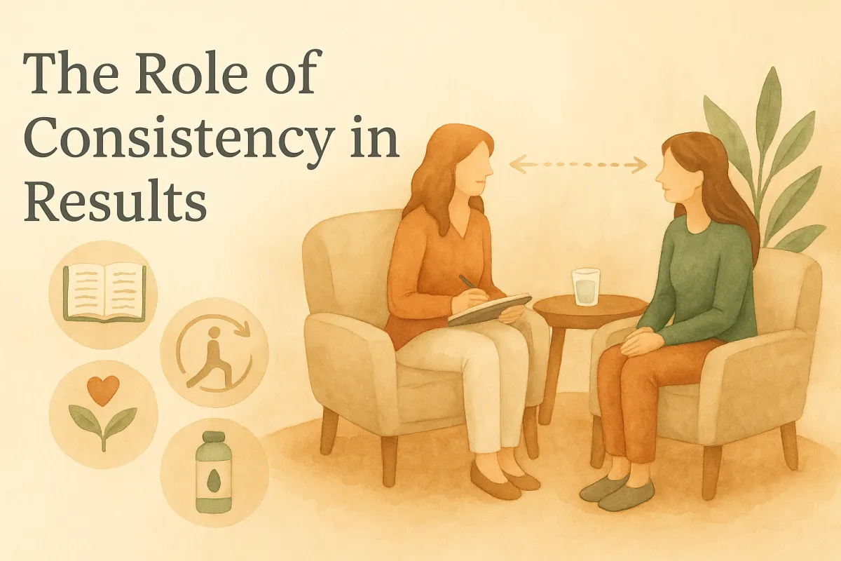 Two women sit facing each other in a calm therapy setting, connected by a dotted gaze line; surrounding icons show journaling, movement, rest, and hydration—illustrating how brainspotting therapy supports the mind-body connection between sessions.