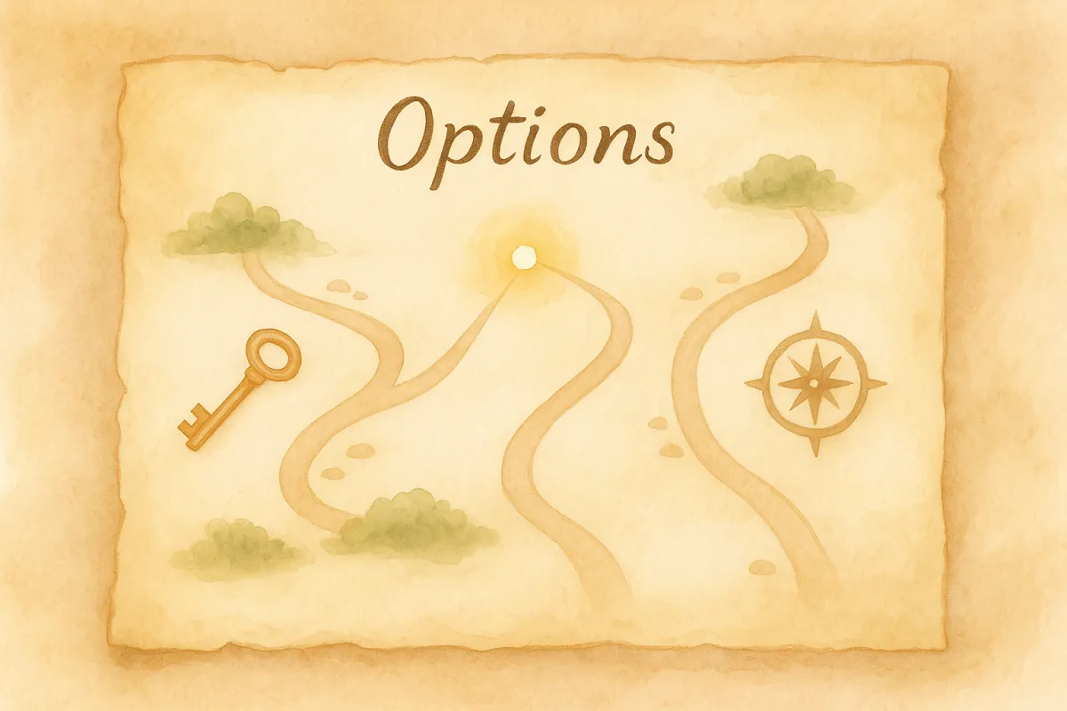 Gentle illustrated map labeled “Options” with branching paths, a key, and a compass; symbolizing choice and direction in brainspotting therapy, a mind-body approach guided by a brainspotting therapist and somatic modalities.