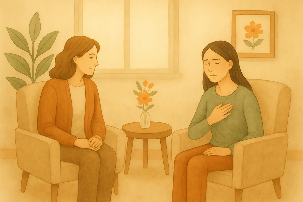 Illustration of a therapy session where a woman places her hand over her heart while speaking to a calm and attentive Brainspotting Therapist. This scene captures the emotional depth and safety cultivated in Brainspotting Therapy sessions using Somatic Modalities to gently explore trauma and emotional overwhelm.