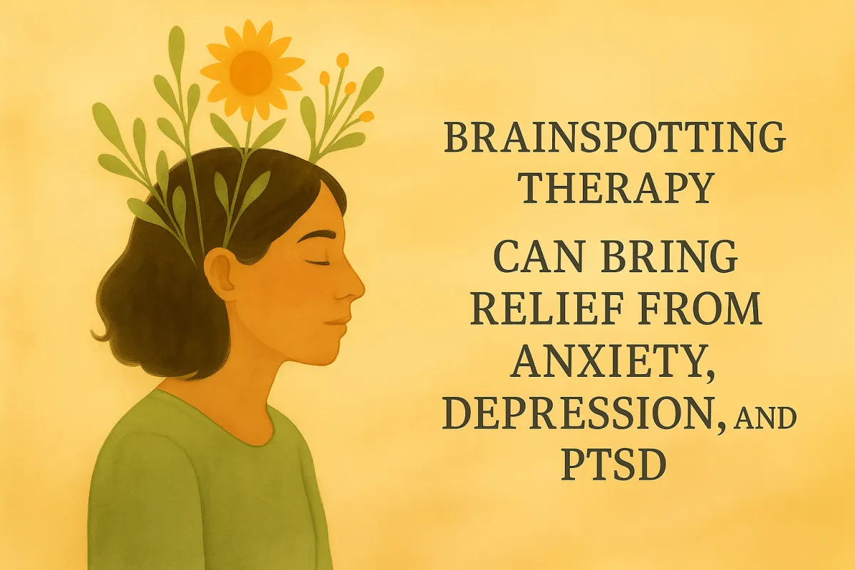 An image of a woman with eyes closed and floral sprouts emerging from her hair, symbolizing emotional renewal and mental clarity. Beside her, text reads: “Brainspotting Therapy Can Bring Relief from Anxiety, Depression, and PTSD.” This visual communicates the potential of Brainspotting Treatment and Somatic Modalities in addressing deep-rooted emotional wounds. Ideal for promoting brainspotting for anxiety and trauma healing.