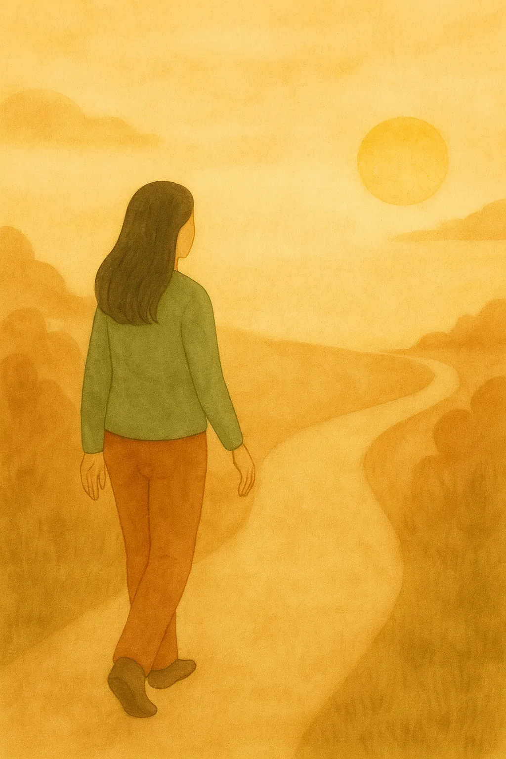 A calm, introspective illustration of a woman walking alone along a winding path toward a glowing sunset, symbolizing personal growth and emotional healing. This artwork represents the journey facilitated through Brainspotting Therapy, especially when used for trauma recovery and personal clarity with a Brainspotting Therapist. This is reflective of somatic modalities that support emotional integration through movement and presence.