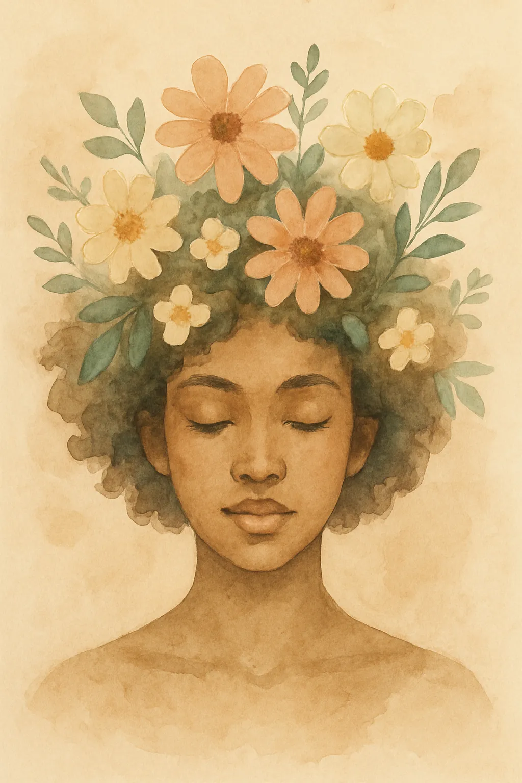 Watercolor-style image of a serene woman with natural hair adorned with blooming flowers and greenery, eyes closed in peaceful introspection. The image symbolizes inner healing, mindfulness, and the growth fostered by somatic modalities and Brainspotting Therapy. Ideal visual for promoting Brainspotting Treatment with a Brainspotting Therapist in Phoenix, Arizona, particularly among wellness and holistic practices.