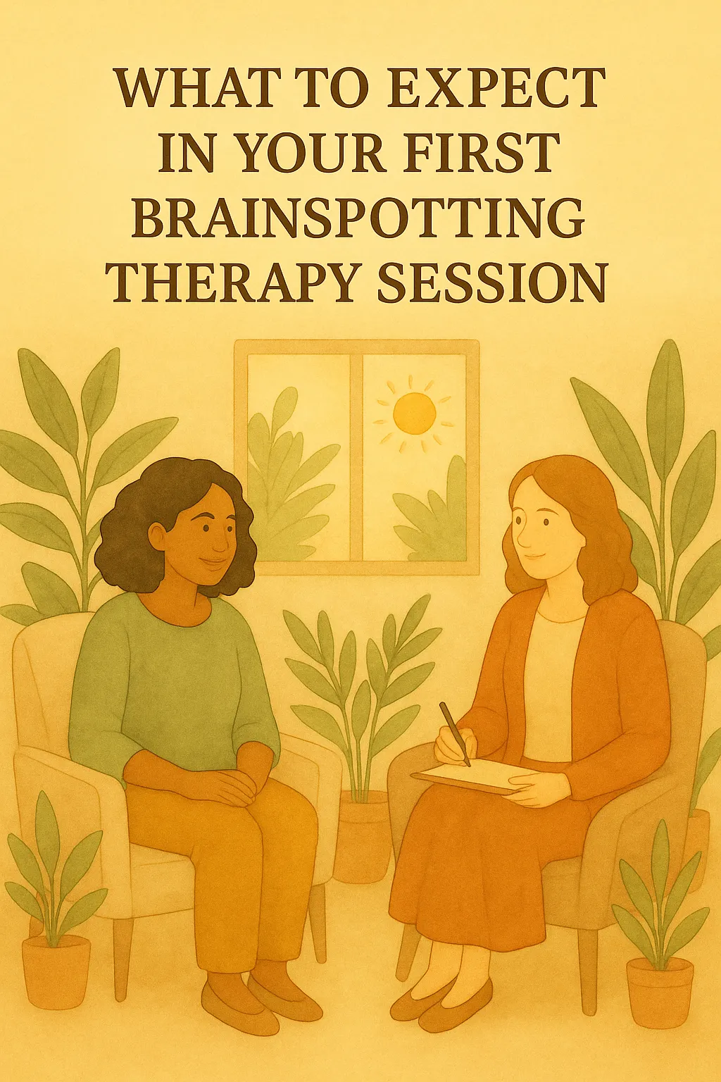 Warm-toned illustration of a Brainspotting Therapist speaking with a client in a cozy, plant-filled therapy room, with the title “What to Expect in Your First Brainspotting Therapy Session” above them. The image conveys a welcoming therapeutic environment and is ideal for introducing new clients to Brainspotting Treatment and somatic modalities offered in Phoenix, Arizona.