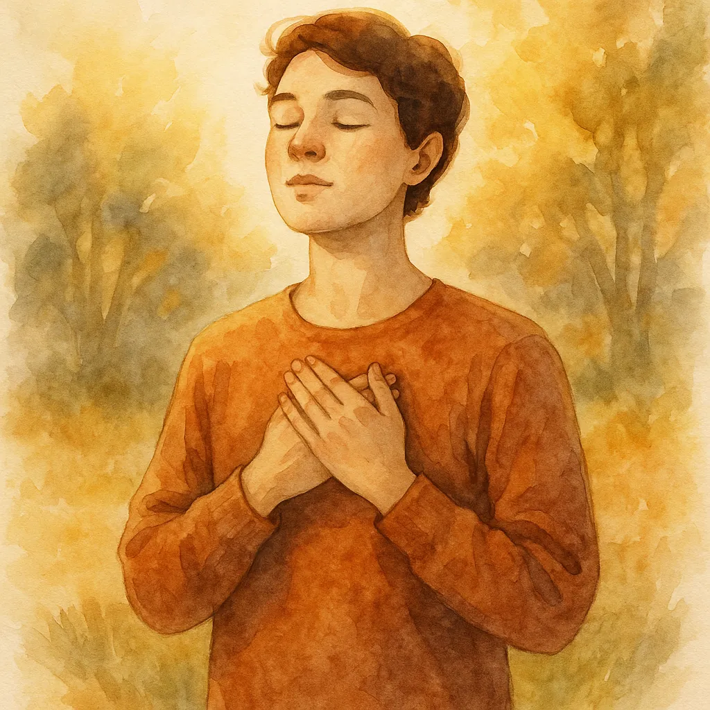 A person stands peacefully outdoors in Phoenix, AZ at sunset with hands over heart, practicing grounding after brainspotting therapy to find calm and balance during the holiday season.