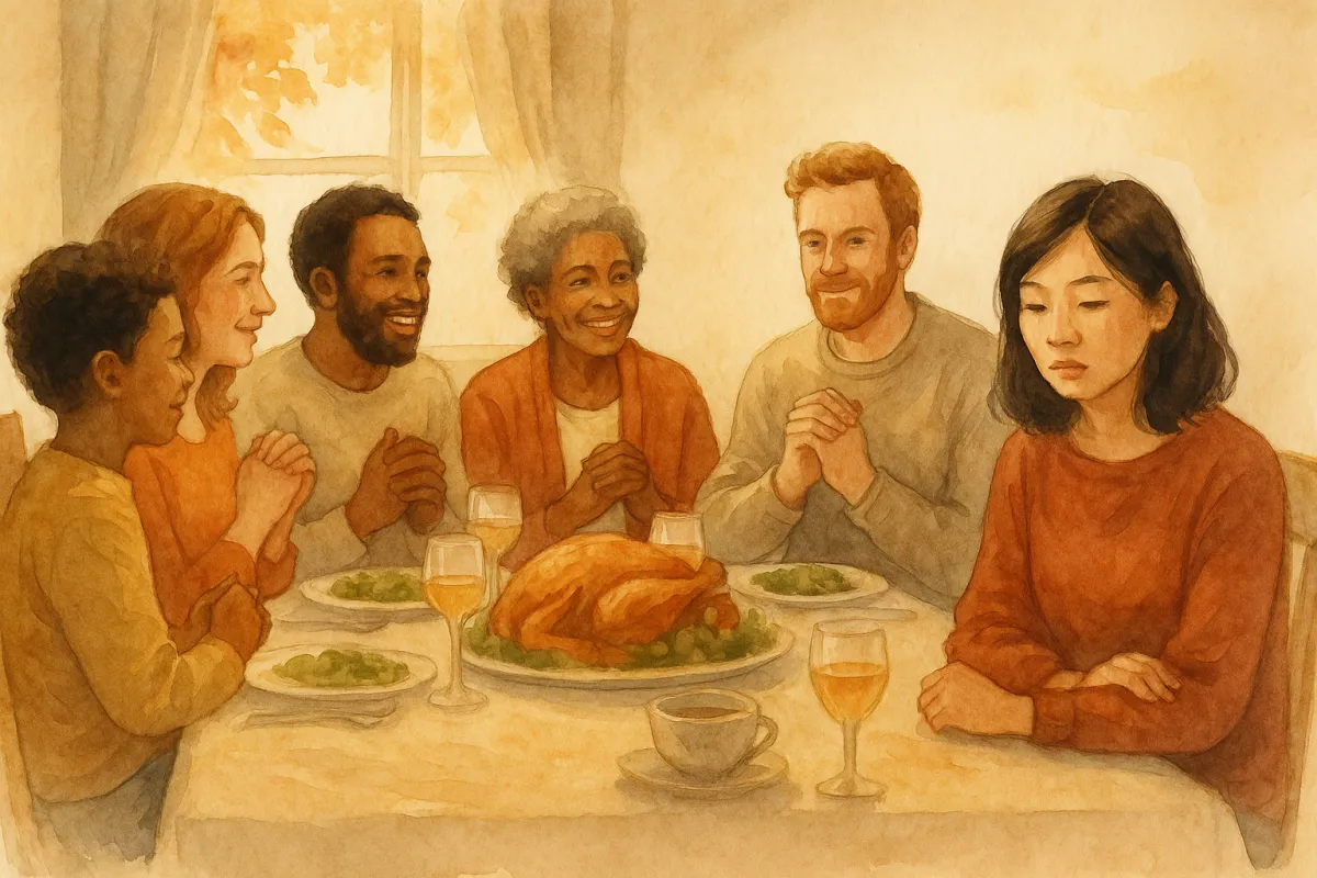 A diverse family gathers around a Thanksgiving table in Phoenix, AZ. One person looks reflective amid the laughter, symbolizing how brainspotting therapy helps manage emotional triggers during family gatherings.