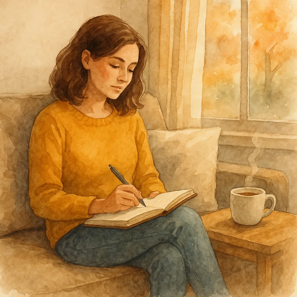 A woman sits in a cozy Phoenix, AZ living room journaling with soft autumn light streaming in, reflecting on past holidays as part of her brainspotting therapy process to ease anxiety and trauma triggers.