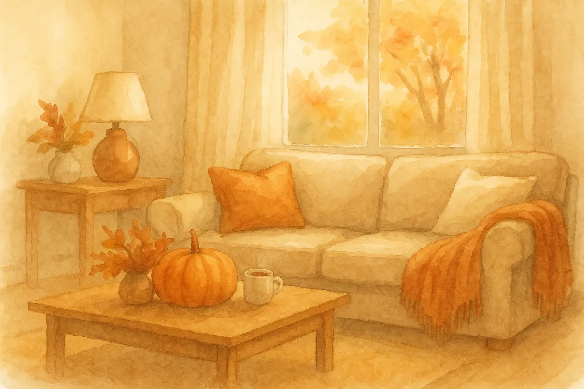 A warm watercolor illustration of a cozy Phoenix, AZ living room decorated for autumn with a pumpkin, fall leaves, and soft sunlight. The peaceful scene reflects the calm that brainspotting therapy can bring before the busy holiday season.