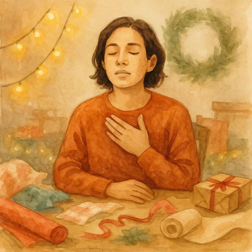 A person sits at a table with wrapping paper, lights, and gifts, one hand over their heart, eyes closed, breathing deeply. The watercolor tones show warmth and calm, reflecting somatic therapy in Phoenix, AZ helping manage holiday stress and nervous system regulation.