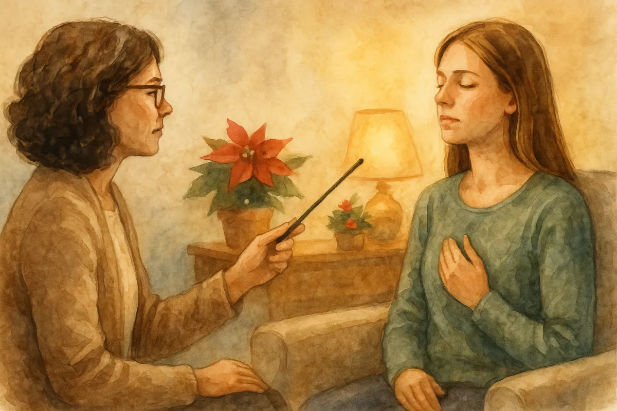A watercolor scene shows a therapist using a pointer while the client focuses softly on a spot in the room, a holiday plant and lamp adding warmth. The setting feels calm and safe, representing a brainspotting session in Phoenix, AZ focused on emotional healing.