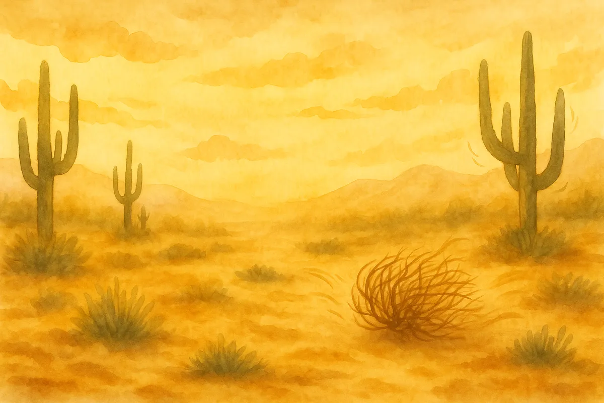 A watercolor painting of a Phoenix desert in autumn with soft golden light, gentle wind sweeping across the sand, and a tumbleweed rolling by. The serene desert scene symbolizes the grounding calm that brainspotting therapy in Phoenix, AZ can bring during seasonal transitions.