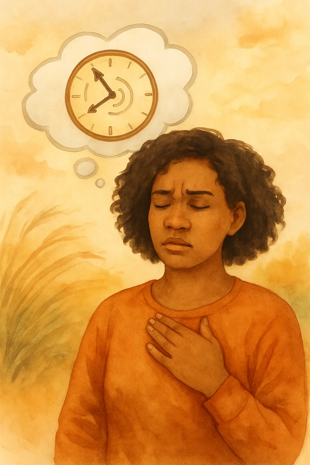 A watercolor illustration of a Black woman deep in thought with a thought bubble showing a spinning clock, symbolizing an internal rhythm out of sync. The image reflects how brainspotting therapy in Phoenix helps regulate the body’s internal clock during seasonal changes.