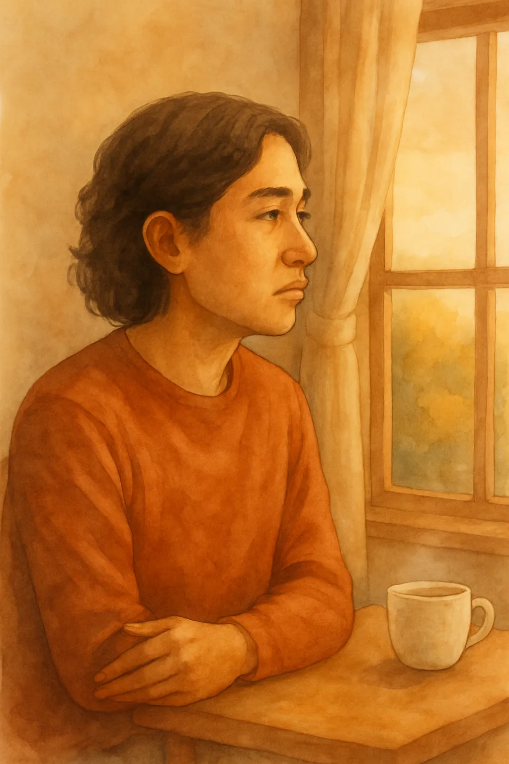 A watercolor illustration of an Asian man sitting in a cozy room, looking thoughtfully out the window as autumn light filters in. A table with a tea cup beside him conveys warmth and reflection, representing calm awareness through brainspotting therapy in Phoenix, AZ.