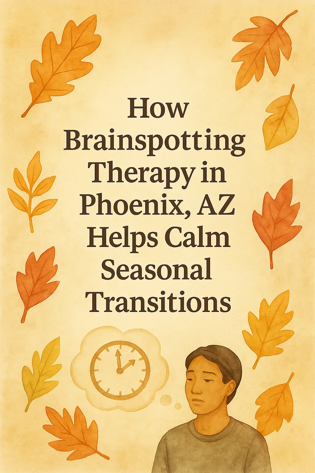 A warm watercolor image featuring fall leaves in amber and gold with the blog title “How Brainspotting Therapy in Phoenix, AZ Helps Calm Seasonal Transitions.” The illustration captures peace and balance, reflecting emotional steadiness during change.